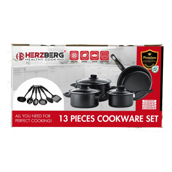 Herzberg HG-04241: 13-delige Pannenset Met Antiaanbaklaag En Nylon Kooklepelset